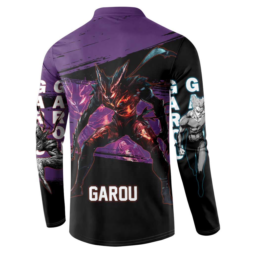 Garou One Punch Man Anime Purple and Black Theme Button Sweatshirt with Hero and Monster Forms in Dynamic Battle Pose - The Mazicc