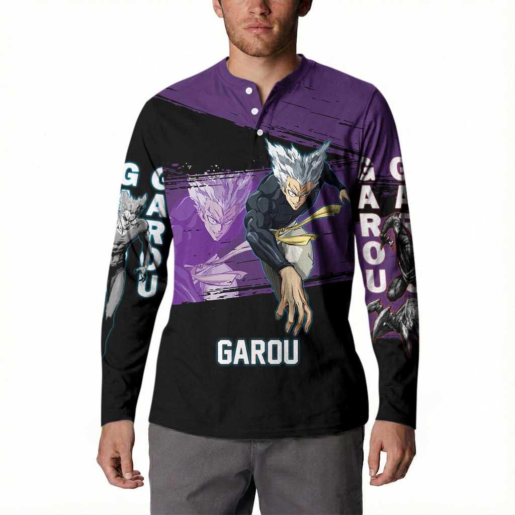 Garou One Punch Man Anime Purple and Black Theme Button Sweatshirt with Hero and Monster Forms in Dynamic Battle Pose - The Mazicc