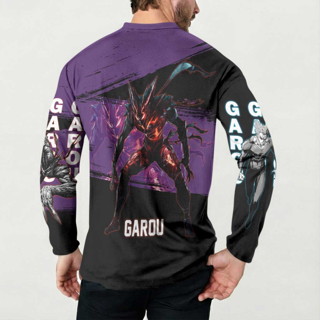 Garou One Punch Man Anime Purple and Black Theme Button Sweatshirt with Hero and Monster Forms in Dynamic Battle Pose - The Mazicc