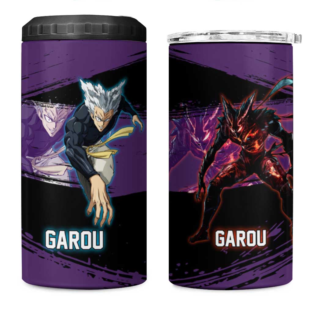 Garou One Punch Man Anime Purple and Black Theme 4 in 1 Can Cooler Tumbler with Hero and Monster Forms in Dynamic Battle Pose - The Mazicc