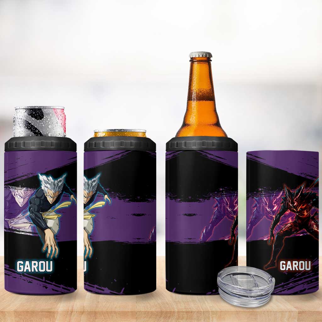 Garou One Punch Man Anime Purple and Black Theme 4 in 1 Can Cooler Tumbler with Hero and Monster Forms in Dynamic Battle Pose - The Mazicc