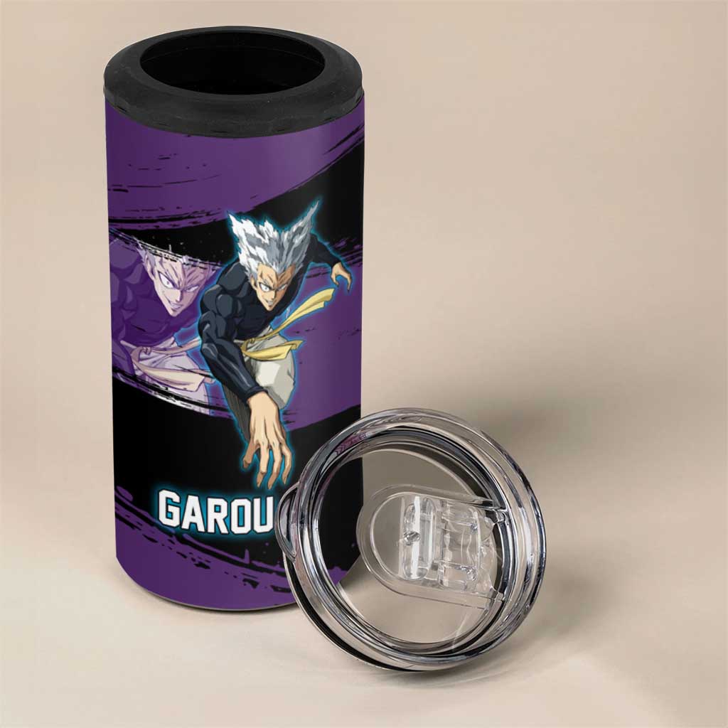 Garou One Punch Man Anime Purple and Black Theme 4 in 1 Can Cooler Tumbler with Hero and Monster Forms in Dynamic Battle Pose - The Mazicc