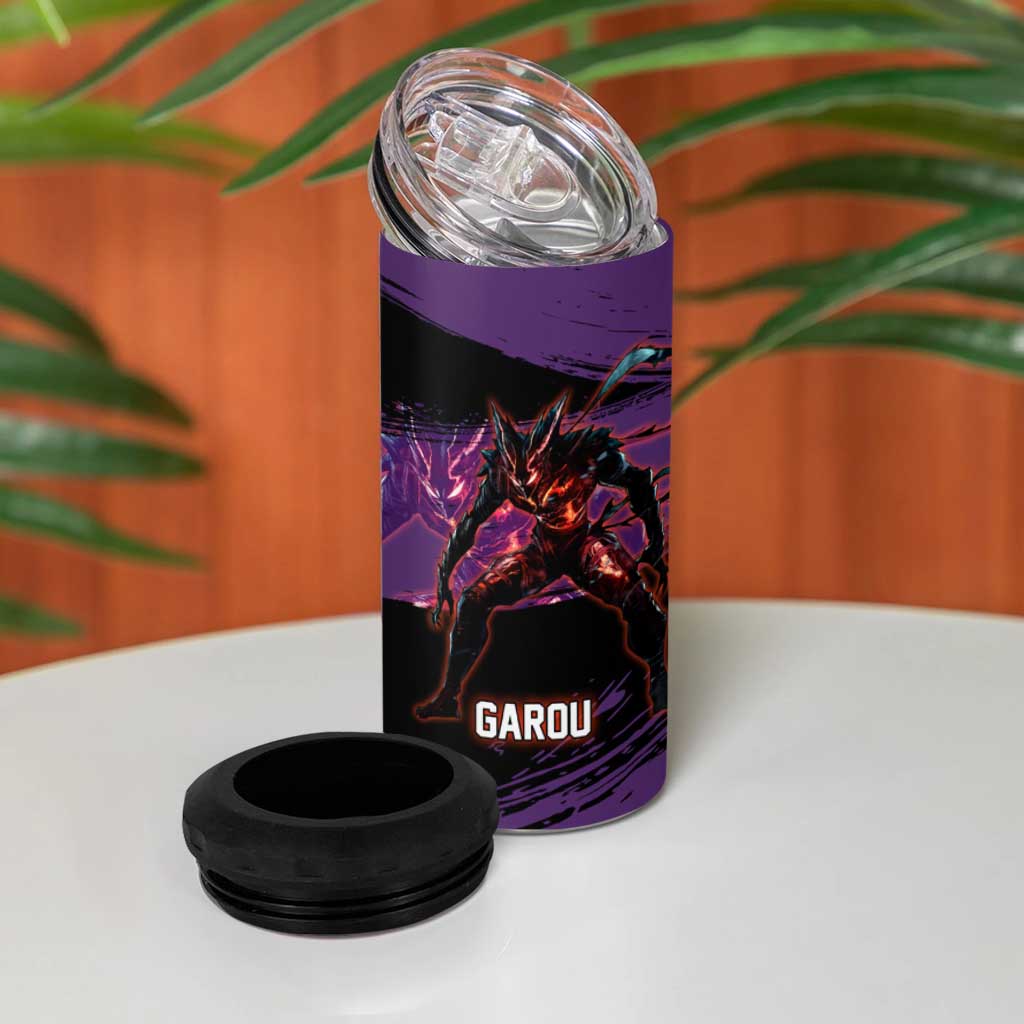 Garou One Punch Man Anime Purple and Black Theme 4 in 1 Can Cooler Tumbler with Hero and Monster Forms in Dynamic Battle Pose - The Mazicc