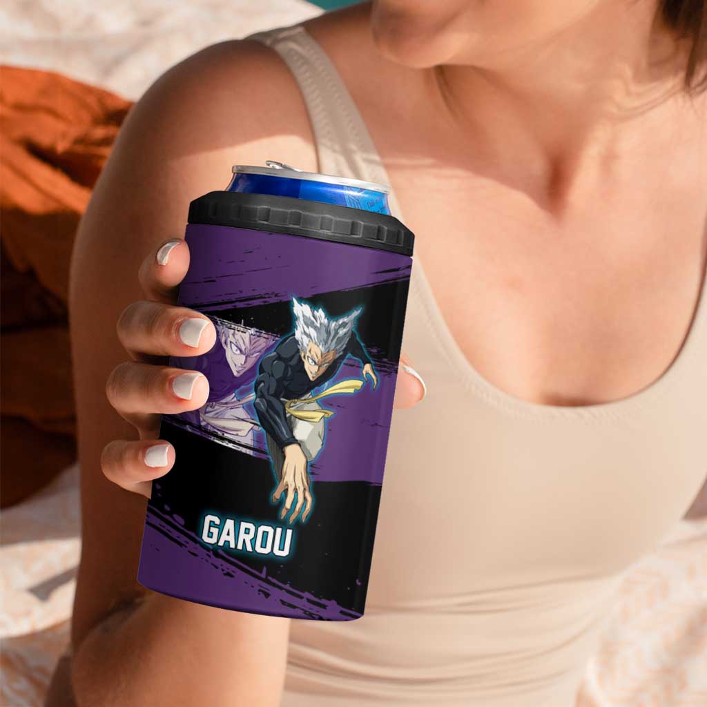 Garou One Punch Man Anime Purple and Black Theme 4 in 1 Can Cooler Tumbler with Hero and Monster Forms in Dynamic Battle Pose - The Mazicc