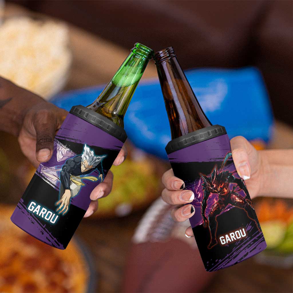 Garou One Punch Man Anime Purple and Black Theme 4 in 1 Can Cooler Tumbler with Hero and Monster Forms in Dynamic Battle Pose - The Mazicc