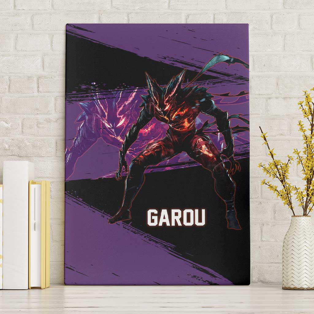 Garou One Punch Man Anime Purple and Black Theme Canvas Wall Art with Hero and Monster Forms in Dynamic Battle Pose - The Mazicc