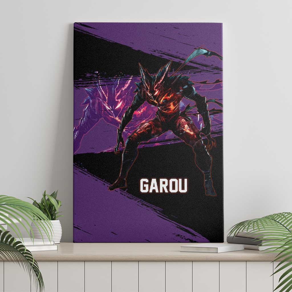 Garou One Punch Man Anime Purple and Black Theme Canvas Wall Art with Hero and Monster Forms in Dynamic Battle Pose - The Mazicc