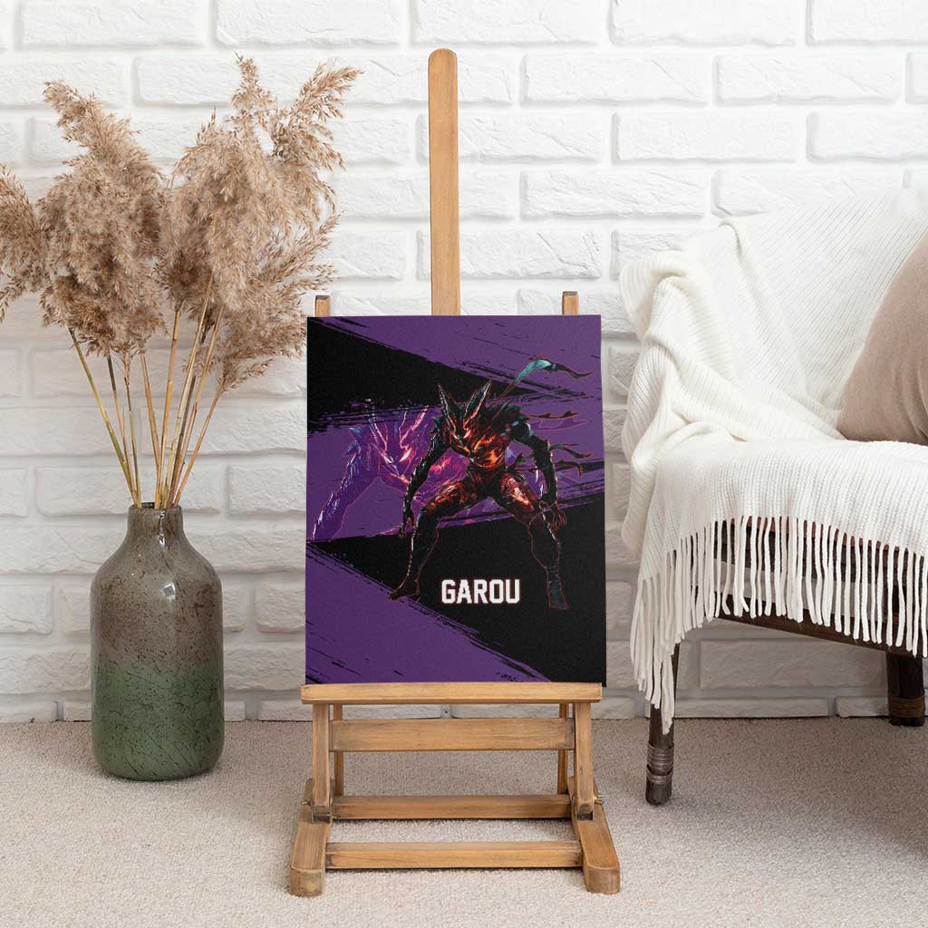 Garou One Punch Man Anime Purple and Black Theme Canvas Wall Art with Hero and Monster Forms in Dynamic Battle Pose - The Mazicc