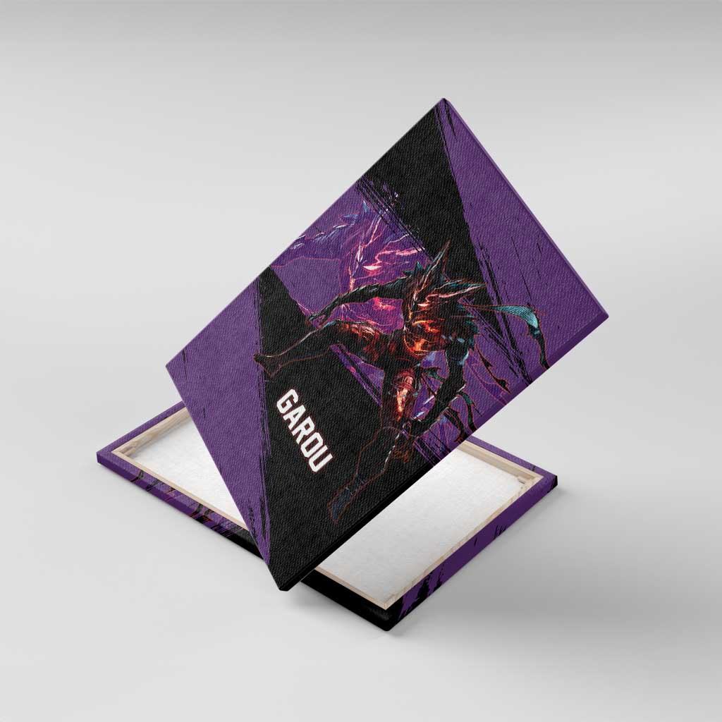 Garou One Punch Man Anime Purple and Black Theme Canvas Wall Art with Hero and Monster Forms in Dynamic Battle Pose - The Mazicc