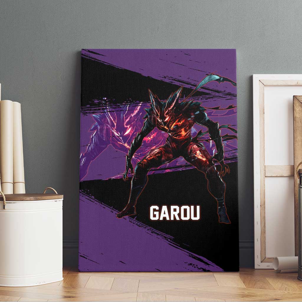 Garou One Punch Man Anime Purple and Black Theme Canvas Wall Art with Hero and Monster Forms in Dynamic Battle Pose - The Mazicc