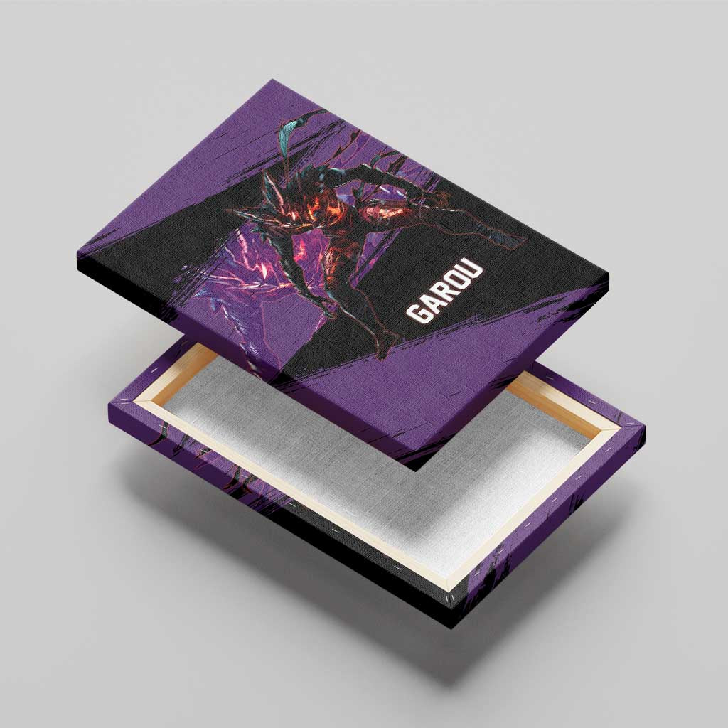 Garou One Punch Man Anime Purple and Black Theme Canvas Wall Art with Hero and Monster Forms in Dynamic Battle Pose - The Mazicc