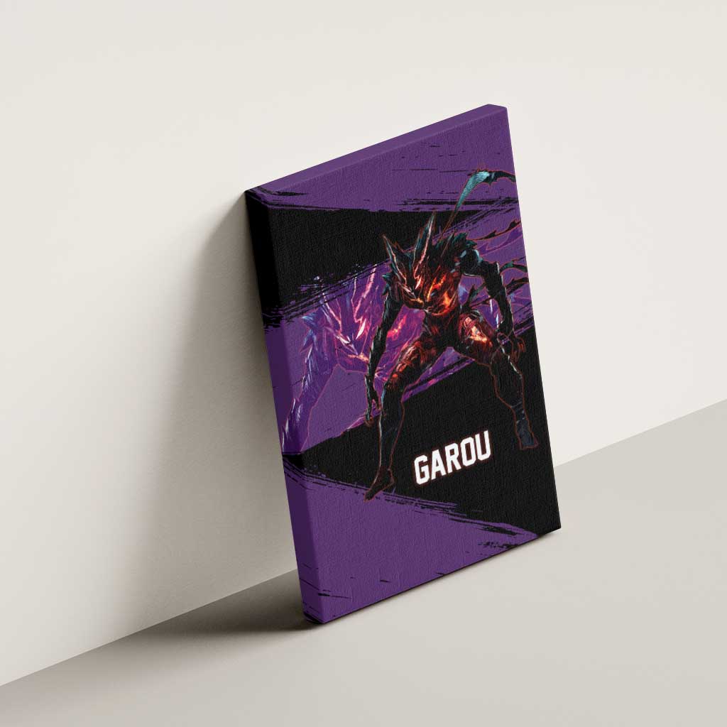 Garou One Punch Man Anime Purple and Black Theme Canvas Wall Art with Hero and Monster Forms in Dynamic Battle Pose - The Mazicc