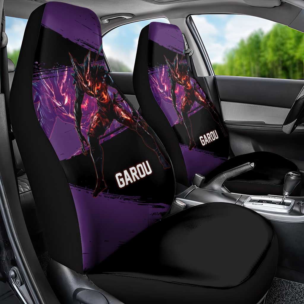 Garou One Punch Man Anime Purple and Black Theme Car Seat Cover with Hero and Monster Forms in Dynamic Battle Pose - The Mazicc