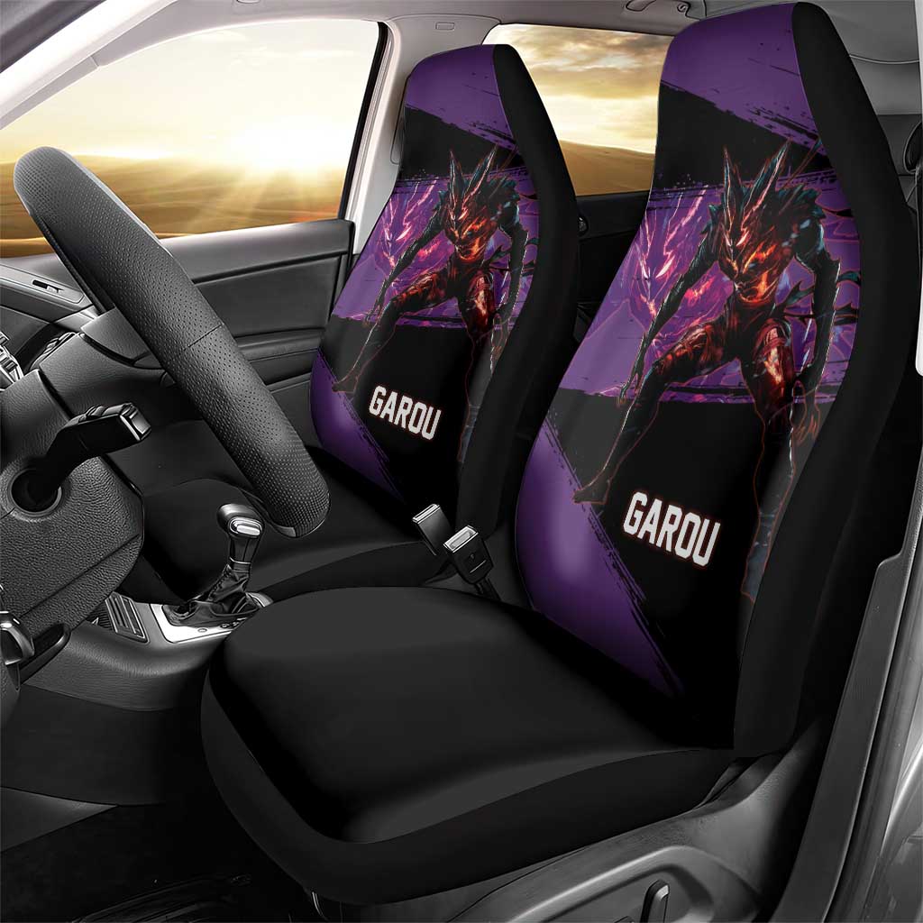 Garou One Punch Man Anime Purple and Black Theme Car Seat Cover with Hero and Monster Forms in Dynamic Battle Pose - The Mazicc