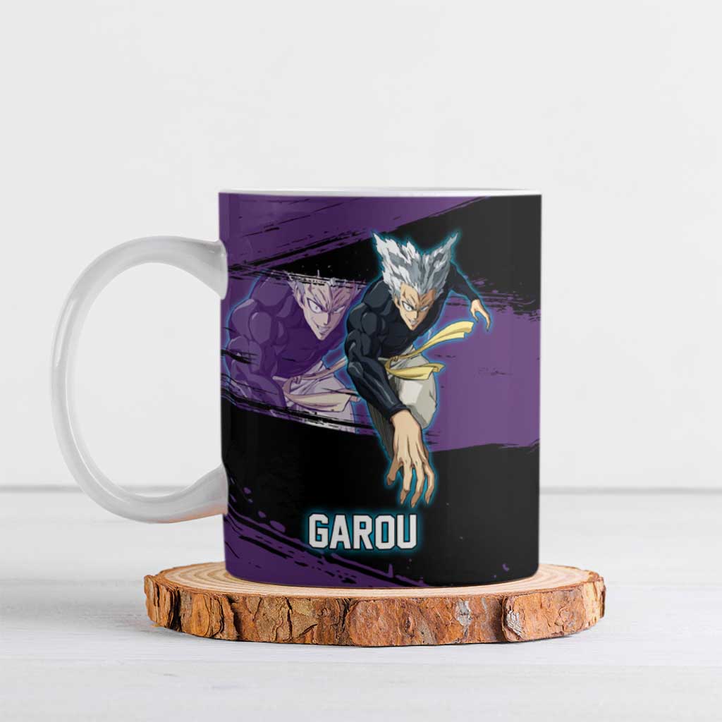 Garou One Punch Man Anime Purple and Black Theme Ceramic Mug with Hero and Monster Forms in Dynamic Battle Pose - The Mazicc