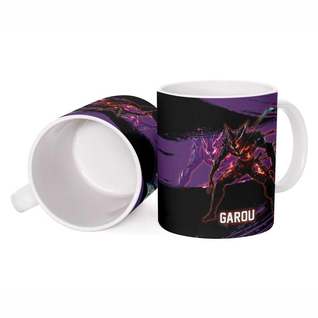 Garou One Punch Man Anime Purple and Black Theme Ceramic Mug with Hero and Monster Forms in Dynamic Battle Pose - The Mazicc