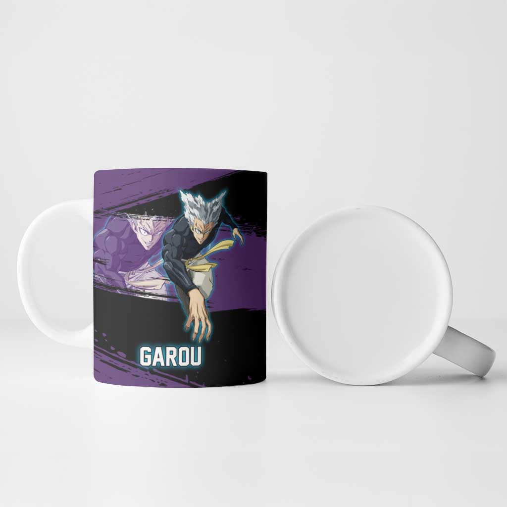Garou One Punch Man Anime Purple and Black Theme Ceramic Mug with Hero and Monster Forms in Dynamic Battle Pose - The Mazicc