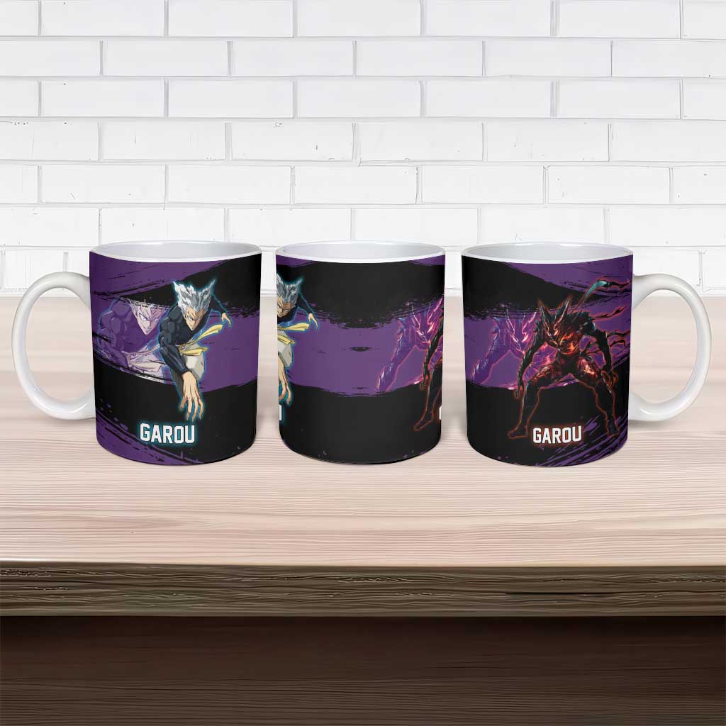 Garou One Punch Man Anime Purple and Black Theme Ceramic Mug with Hero and Monster Forms in Dynamic Battle Pose - The Mazicc