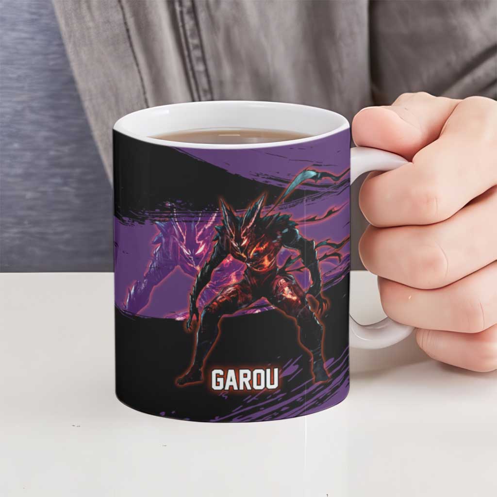 Garou One Punch Man Anime Purple and Black Theme Ceramic Mug with Hero and Monster Forms in Dynamic Battle Pose - The Mazicc