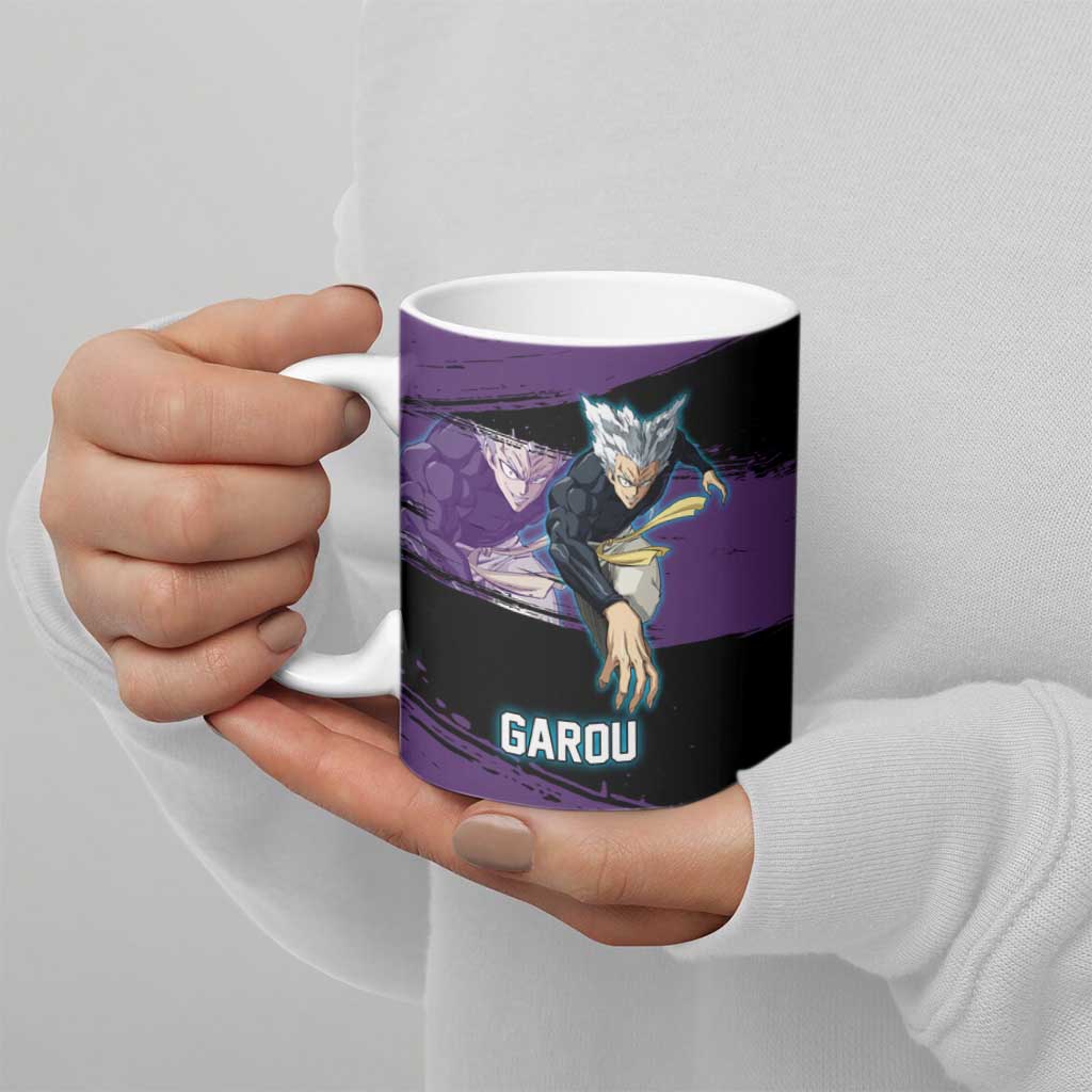 Garou One Punch Man Anime Purple and Black Theme Ceramic Mug with Hero and Monster Forms in Dynamic Battle Pose - The Mazicc