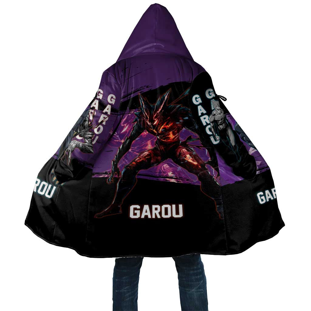 Garou One Punch Man Anime Purple and Black Theme Cloak with Hero and Monster Forms in Dynamic Battle Pose - The Mazicc