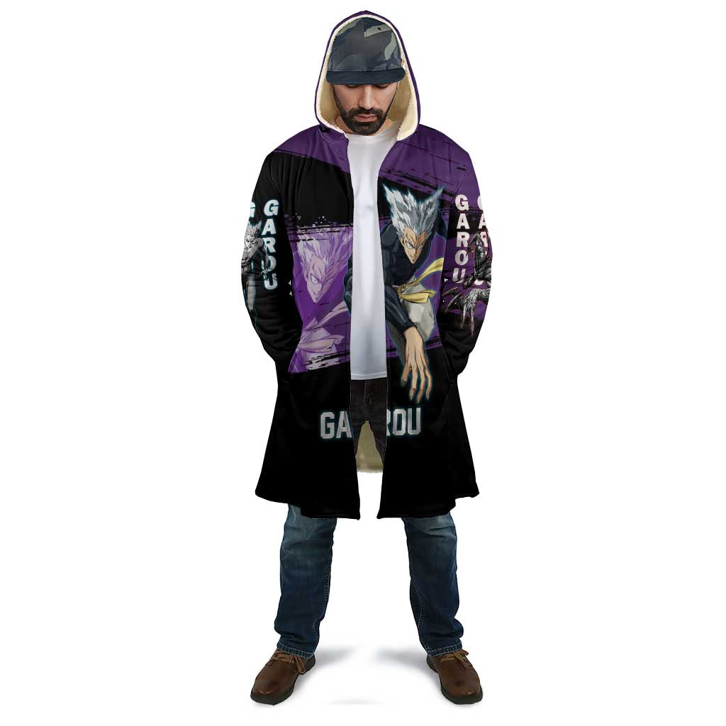 Garou One Punch Man Anime Purple and Black Theme Cloak with Hero and Monster Forms in Dynamic Battle Pose - The Mazicc