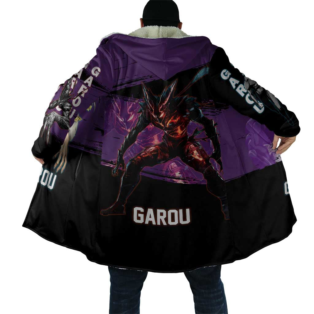 Garou One Punch Man Anime Purple and Black Theme Cloak with Hero and Monster Forms in Dynamic Battle Pose - The Mazicc