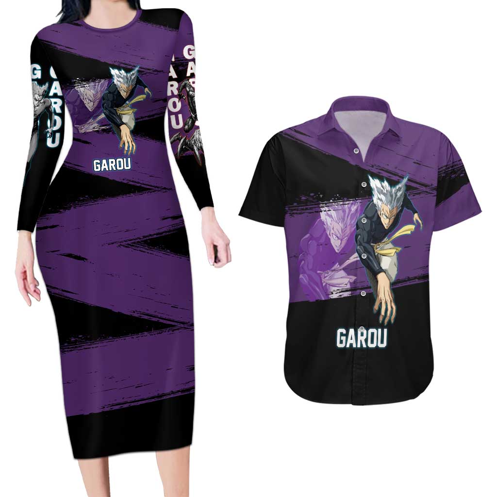 Garou One Punch Man Anime Purple and Black Theme Couples Matching Long Sleeve Bodycon Dress and Hawaiian Shirt with Hero and Monster Forms in Dynamic Battle Pose - The Mazicc