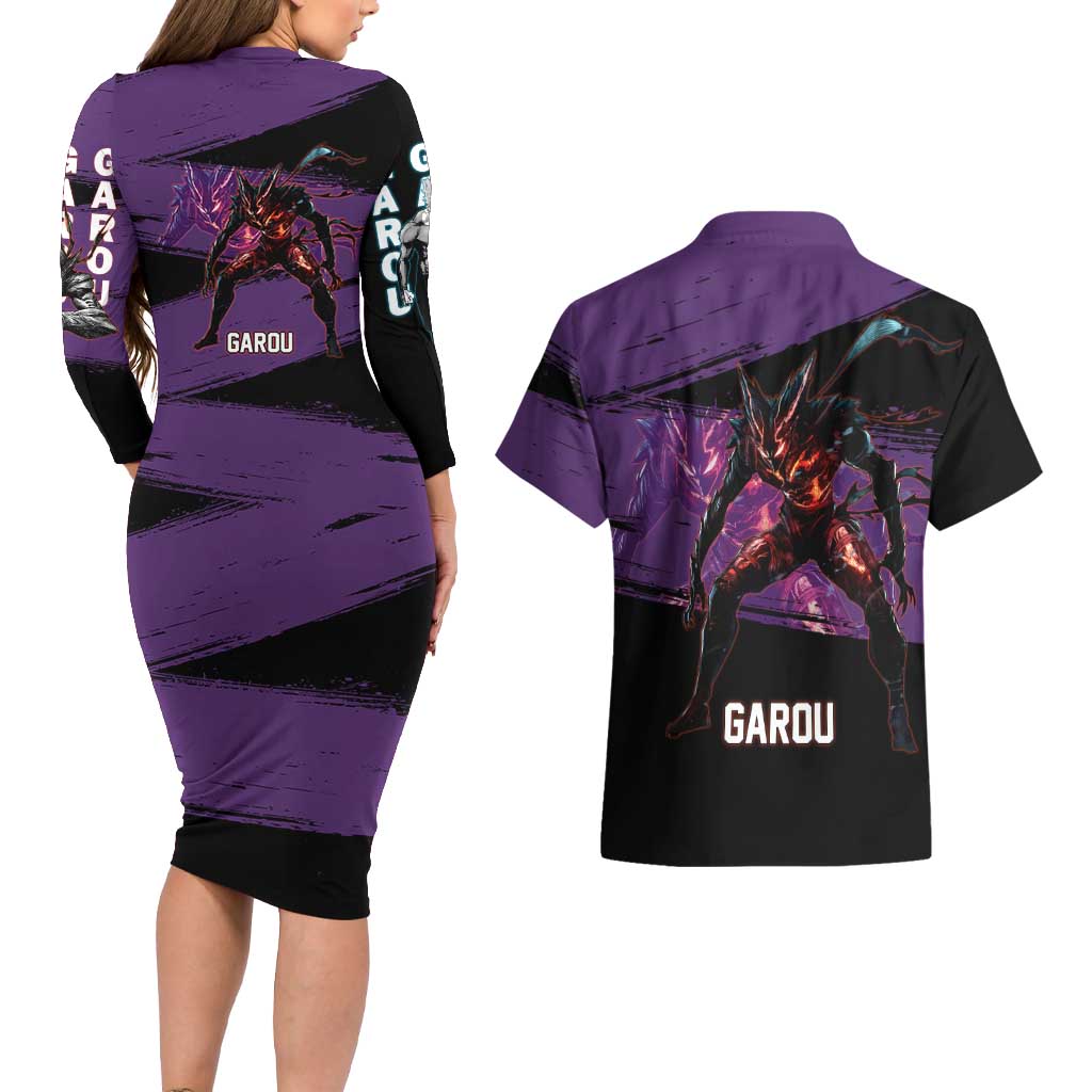 Garou One Punch Man Anime Purple and Black Theme Couples Matching Long Sleeve Bodycon Dress and Hawaiian Shirt with Hero and Monster Forms in Dynamic Battle Pose - The Mazicc