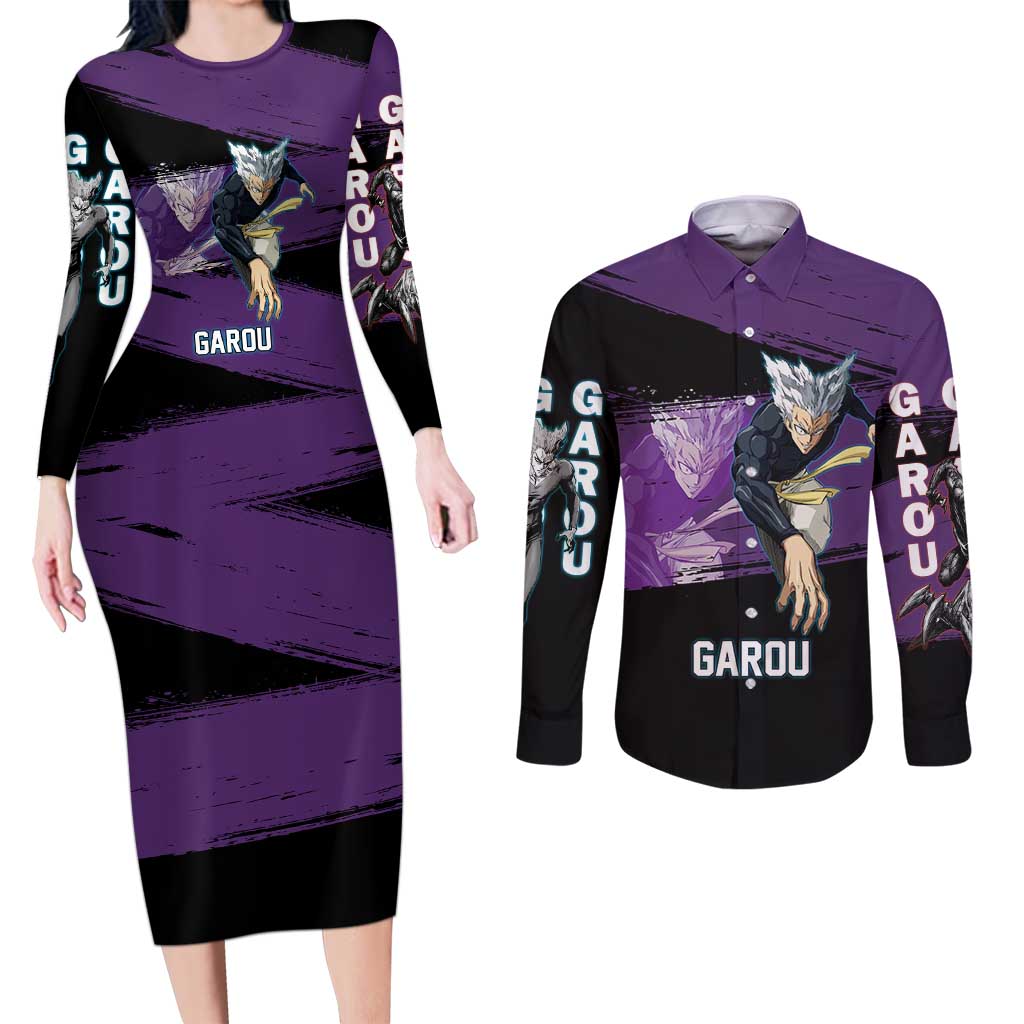 Garou One Punch Man Anime Purple and Black Theme Couples Matching Long Sleeve Bodycon Dress and Long Sleeve Button Shirt with Hero and Monster Forms in Dynamic Battle Pose - The Mazicc