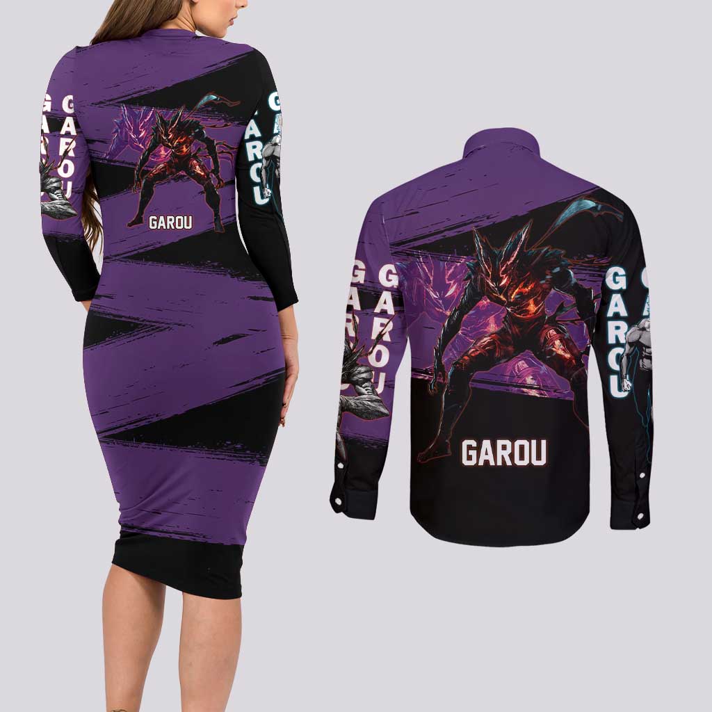 Garou One Punch Man Anime Purple and Black Theme Couples Matching Long Sleeve Bodycon Dress and Long Sleeve Button Shirt with Hero and Monster Forms in Dynamic Battle Pose - The Mazicc