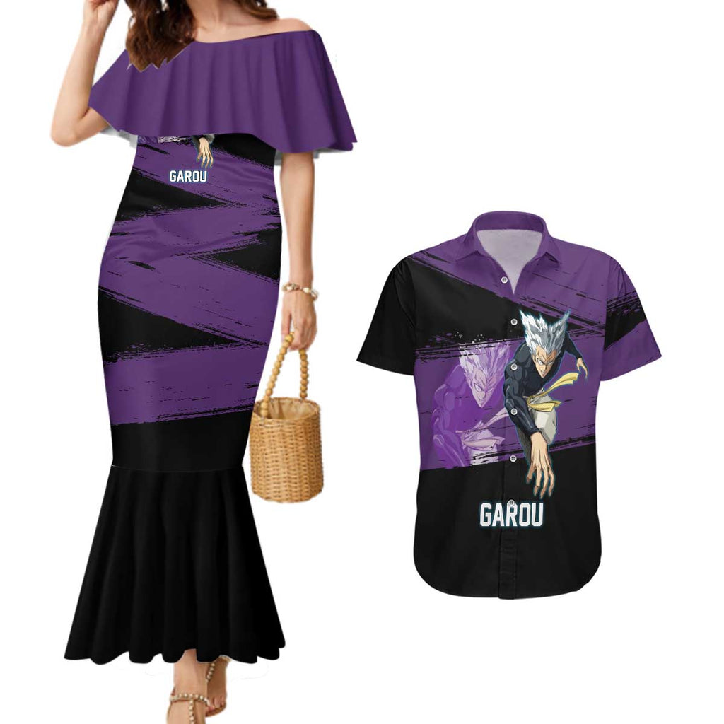 Garou One Punch Man Anime Purple and Black Theme Couples Matching Mermaid Dress and Hawaiian Shirt with Hero and Monster Forms in Dynamic Battle Pose - The Mazicc