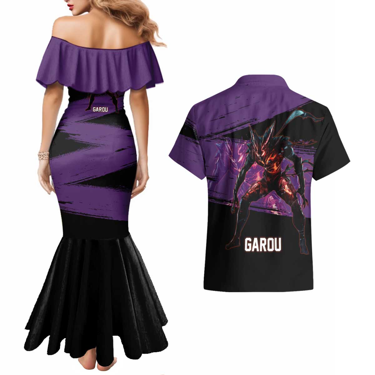 Garou One Punch Man Anime Purple and Black Theme Couples Matching Mermaid Dress and Hawaiian Shirt with Hero and Monster Forms in Dynamic Battle Pose - The Mazicc