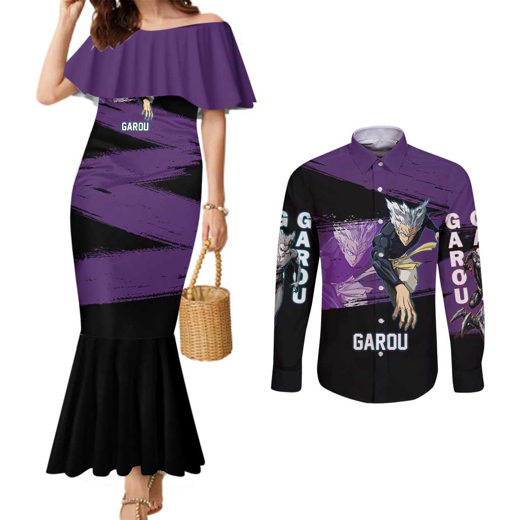 Garou One Punch Man Anime Purple and Black Theme Couples Matching Mermaid Dress and Long Sleeve Button Shirt with Hero and Monster Forms in Dynamic Battle Pose - The Mazicc