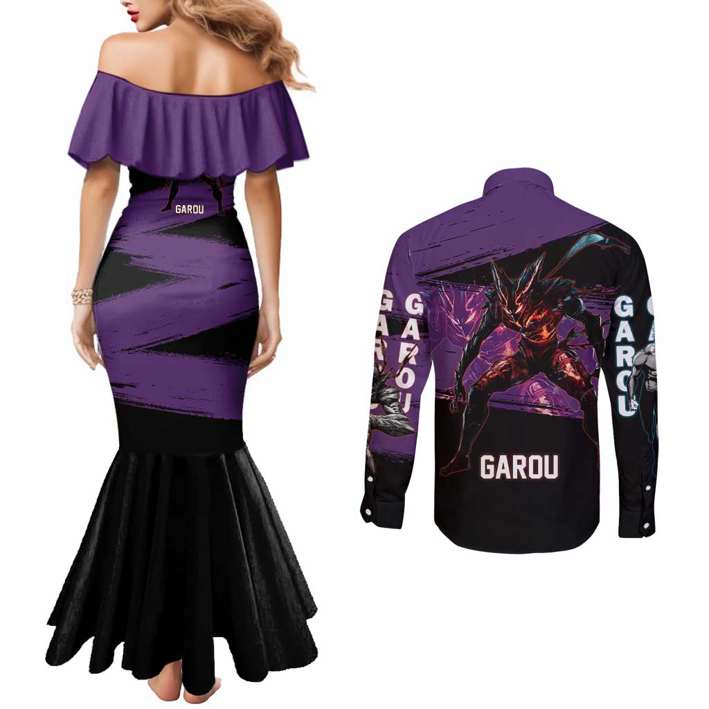 Garou One Punch Man Anime Purple and Black Theme Couples Matching Mermaid Dress and Long Sleeve Button Shirt with Hero and Monster Forms in Dynamic Battle Pose - The Mazicc