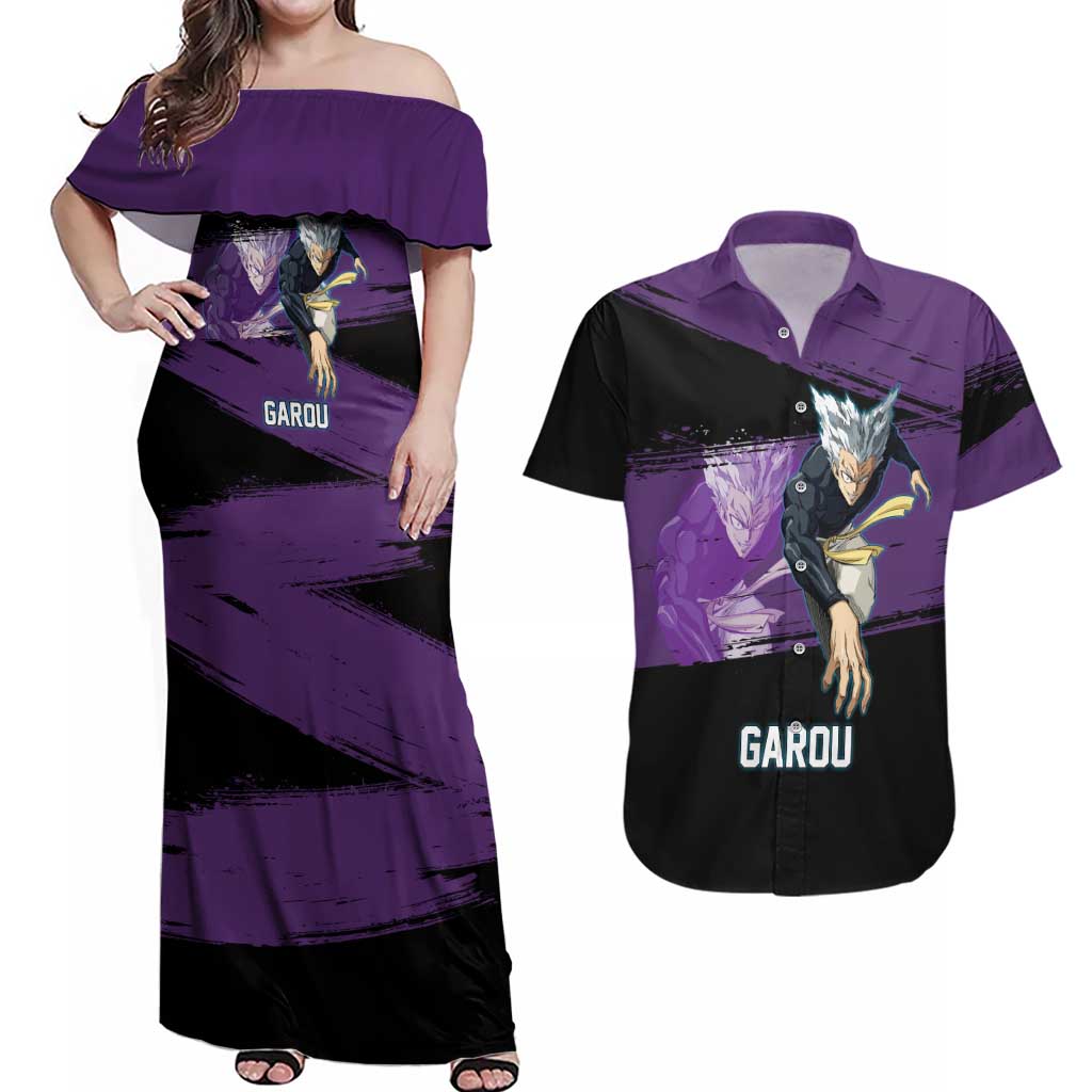 Garou One Punch Man Anime Purple and Black Theme Couples Matching Off Shoulder Maxi Dress and Hawaiian Shirt with Hero and Monster Forms in Dynamic Battle Pose - The Mazicc