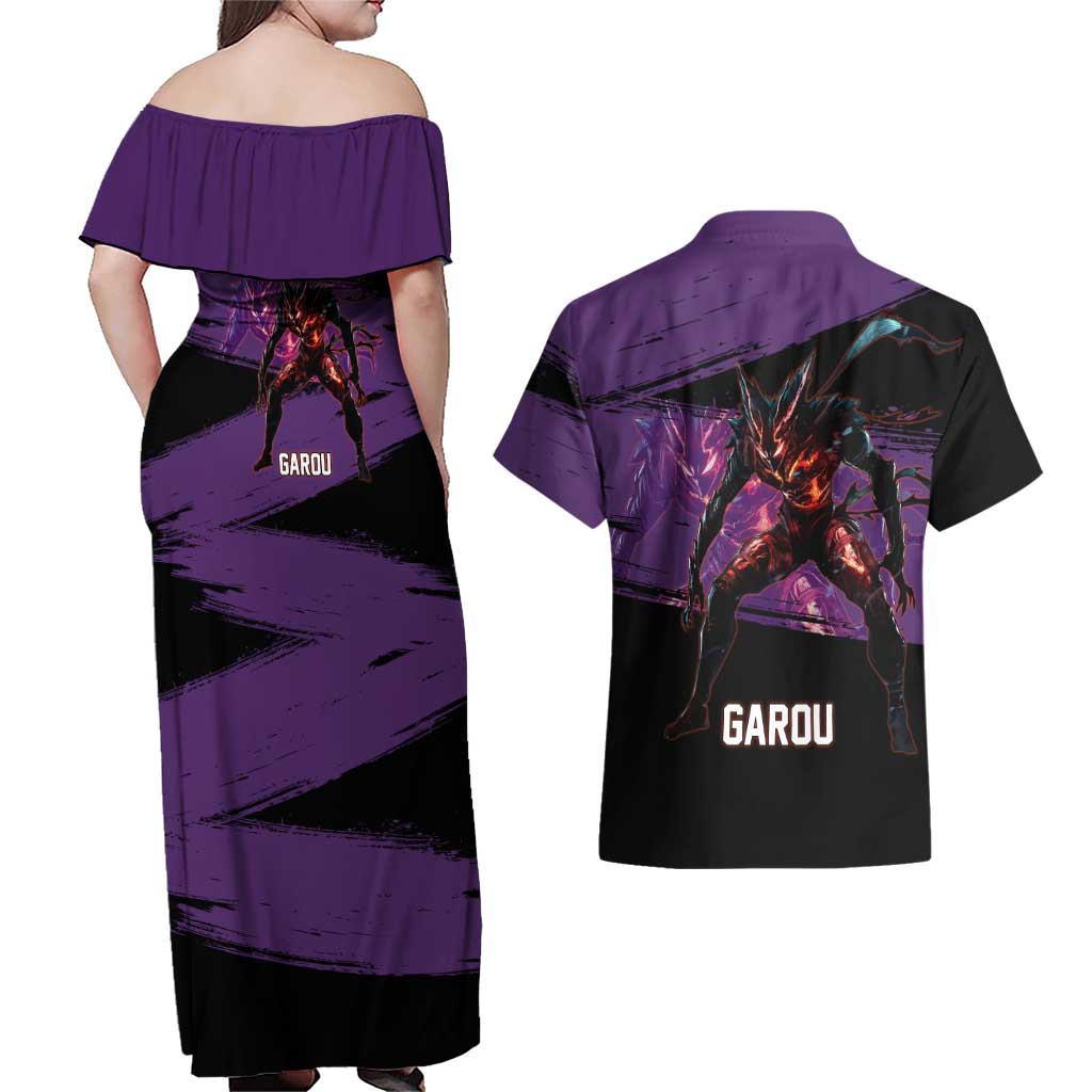 Garou One Punch Man Anime Purple and Black Theme Couples Matching Off Shoulder Maxi Dress and Hawaiian Shirt with Hero and Monster Forms in Dynamic Battle Pose - The Mazicc