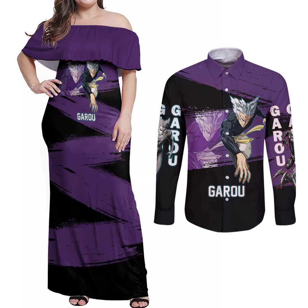 Garou One Punch Man Anime Purple and Black Theme Couples Matching Off Shoulder Maxi Dress and Long Sleeve Button Shirt with Hero and Monster Forms in Dynamic Battle Pose - The Mazicc