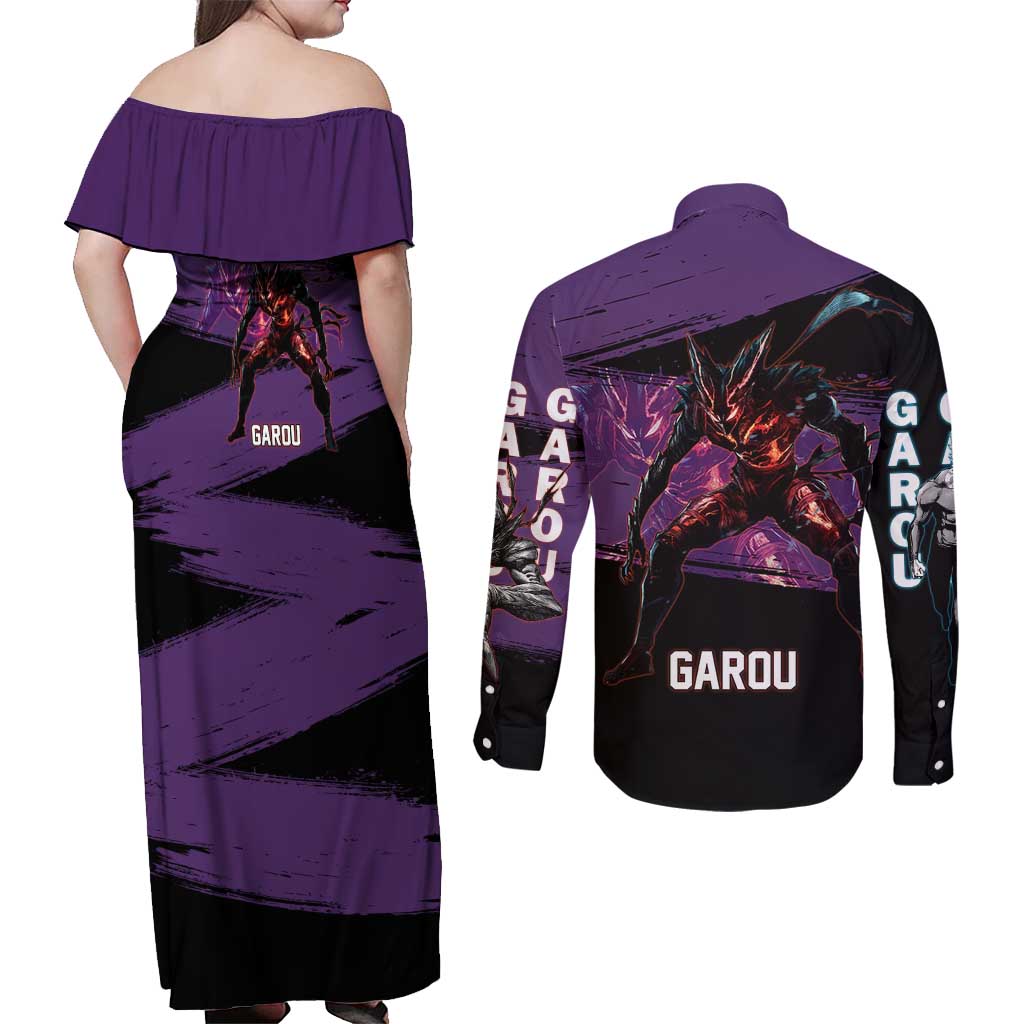 Garou One Punch Man Anime Purple and Black Theme Couples Matching Off Shoulder Maxi Dress and Long Sleeve Button Shirt with Hero and Monster Forms in Dynamic Battle Pose - The Mazicc