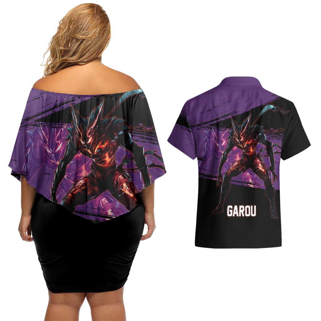 Garou One Punch Man Anime Purple and Black Theme Couples Matching Off Shoulder Short Dress and Hawaiian Shirt with Hero and Monster Forms in Dynamic Battle Pose - The Mazicc