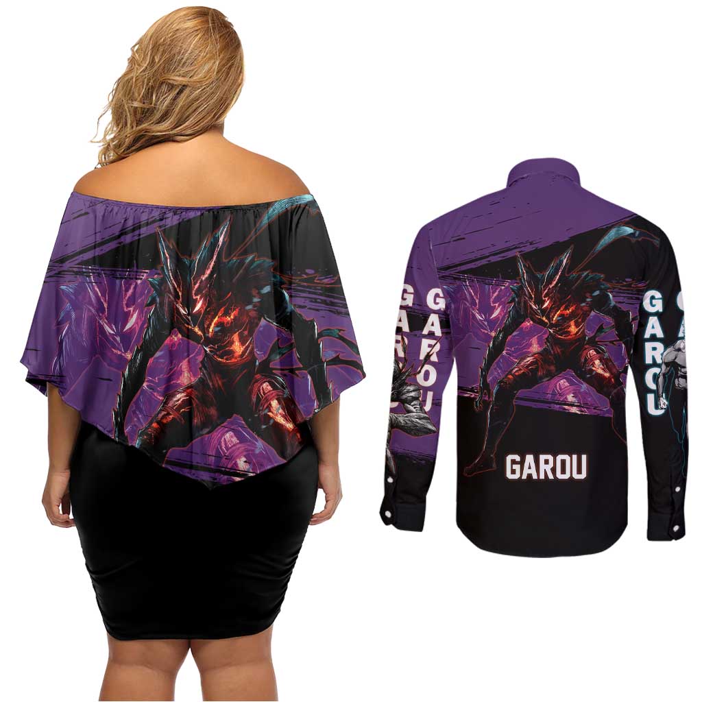 Garou One Punch Man Anime Purple and Black Theme Couples Matching Off Shoulder Short Dress and Long Sleeve Button Shirt with Hero and Monster Forms in Dynamic Battle Pose - The Mazicc