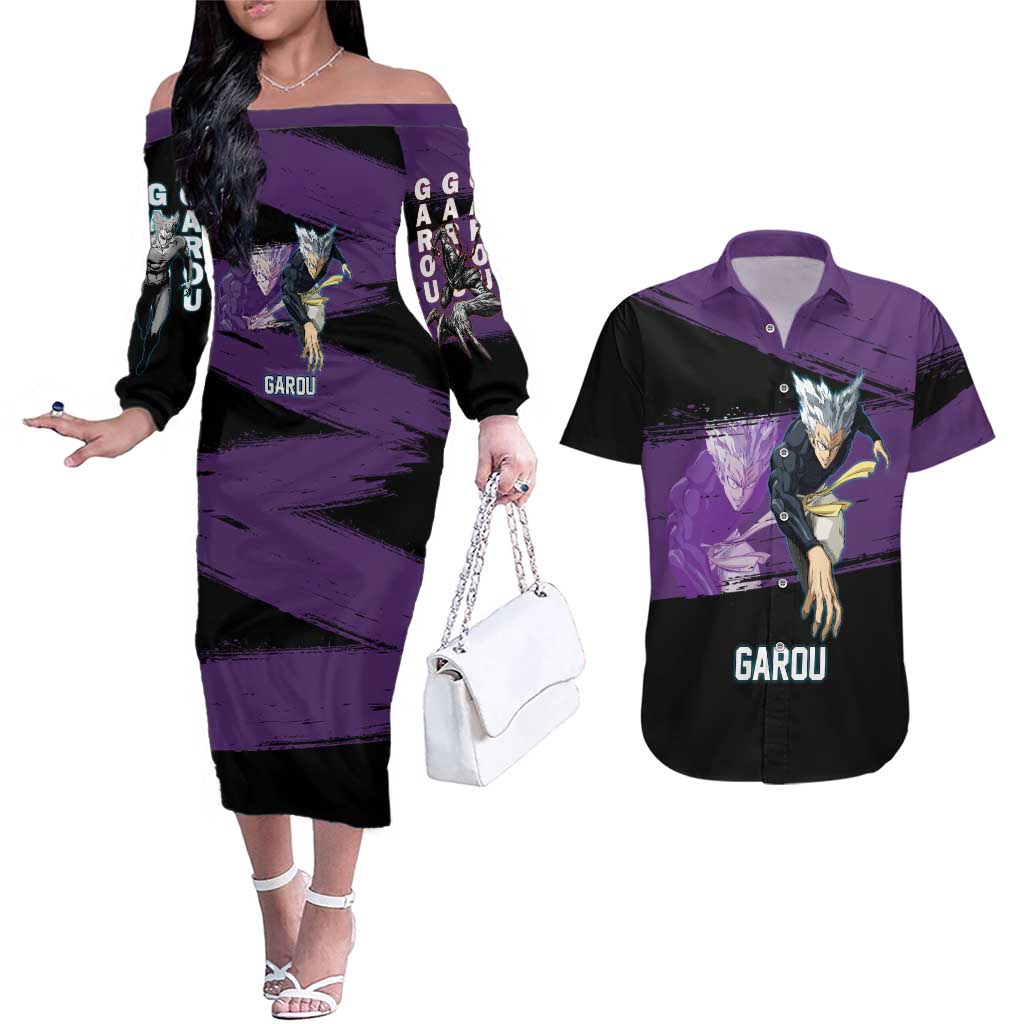 Garou One Punch Man Anime Purple and Black Theme Couples Matching Off The Shoulder Long Sleeve Dress and Hawaiian Shirt with Hero and Monster Forms in Dynamic Battle Pose - The Mazicc