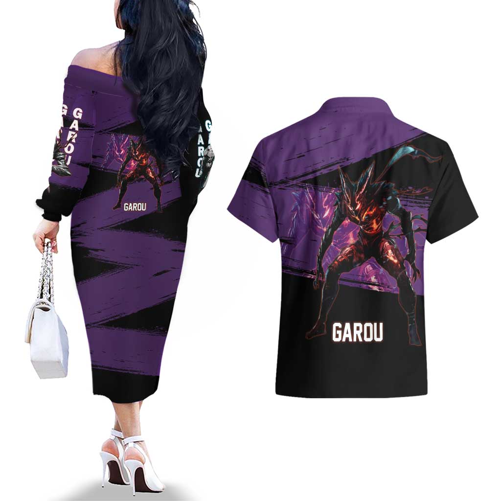 Garou One Punch Man Anime Purple and Black Theme Couples Matching Off The Shoulder Long Sleeve Dress and Hawaiian Shirt with Hero and Monster Forms in Dynamic Battle Pose - The Mazicc