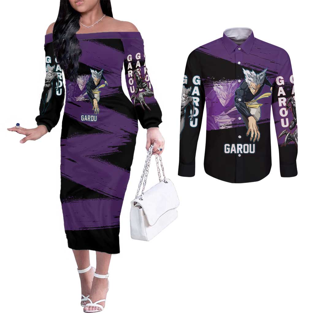 Garou One Punch Man Anime Purple and Black Theme Couples Matching Off The Shoulder Long Sleeve Dress and Long Sleeve Button Shirt with Hero and Monster Forms in Dynamic Battle Pose - The Mazicc