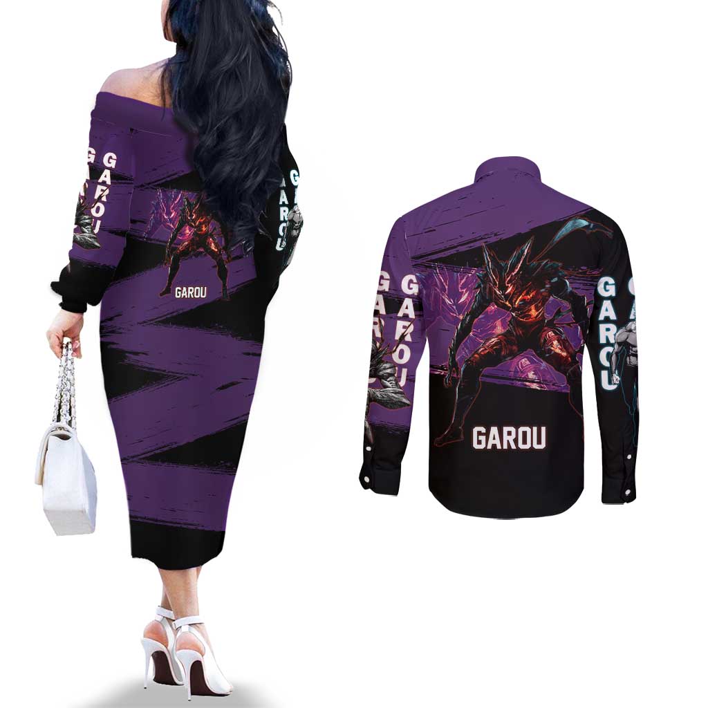 Garou One Punch Man Anime Purple and Black Theme Couples Matching Off The Shoulder Long Sleeve Dress and Long Sleeve Button Shirt with Hero and Monster Forms in Dynamic Battle Pose - The Mazicc