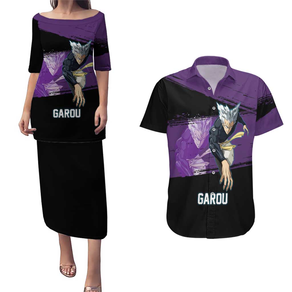 Garou One Punch Man Anime Purple and Black Theme Couples Matching Puletasi and Hawaiian Shirt with Hero and Monster Forms in Dynamic Battle Pose - The Mazicc