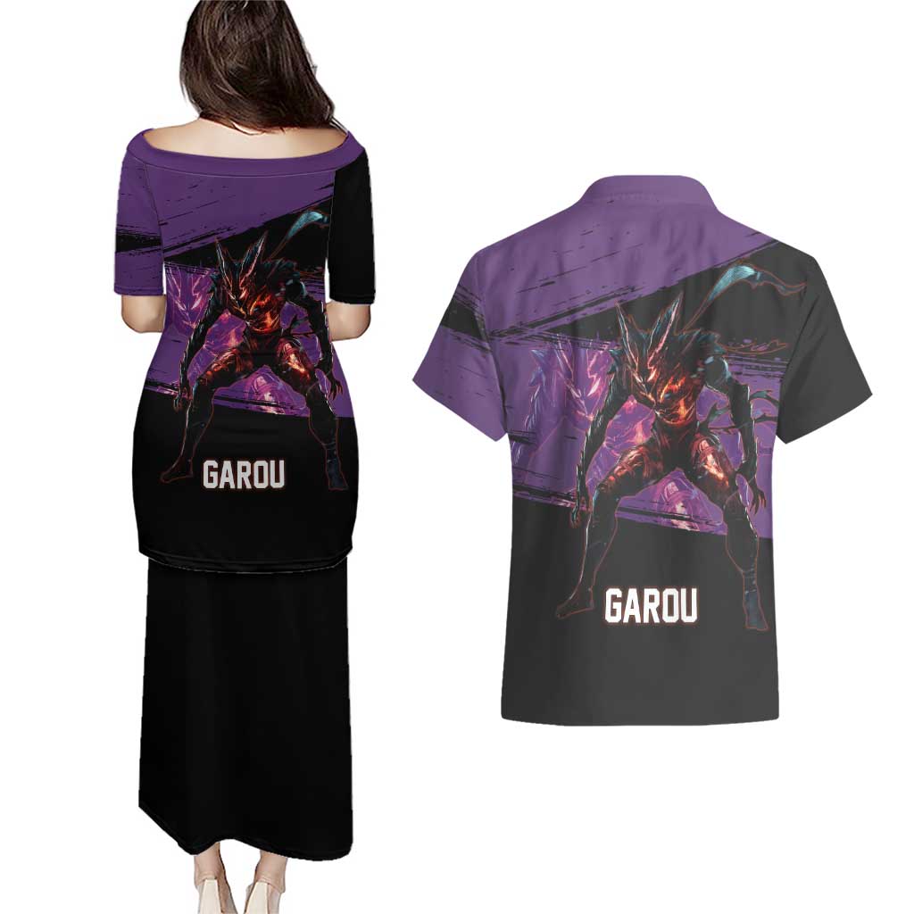 Garou One Punch Man Anime Purple and Black Theme Couples Matching Puletasi and Hawaiian Shirt with Hero and Monster Forms in Dynamic Battle Pose - The Mazicc