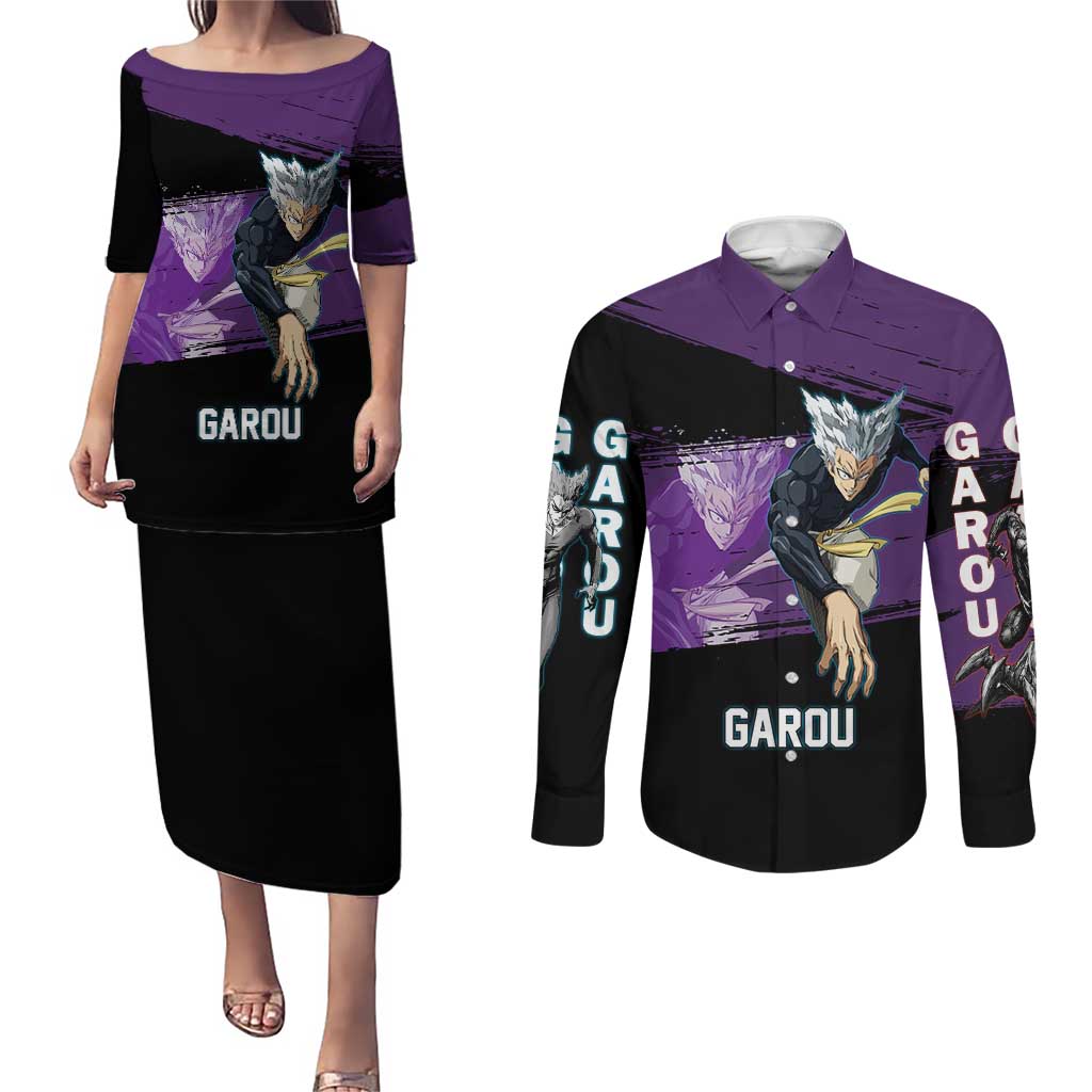 Garou One Punch Man Anime Purple and Black Theme Couples Matching Puletasi and Long Sleeve Button Shirt with Hero and Monster Forms in Dynamic Battle Pose - The Mazicc