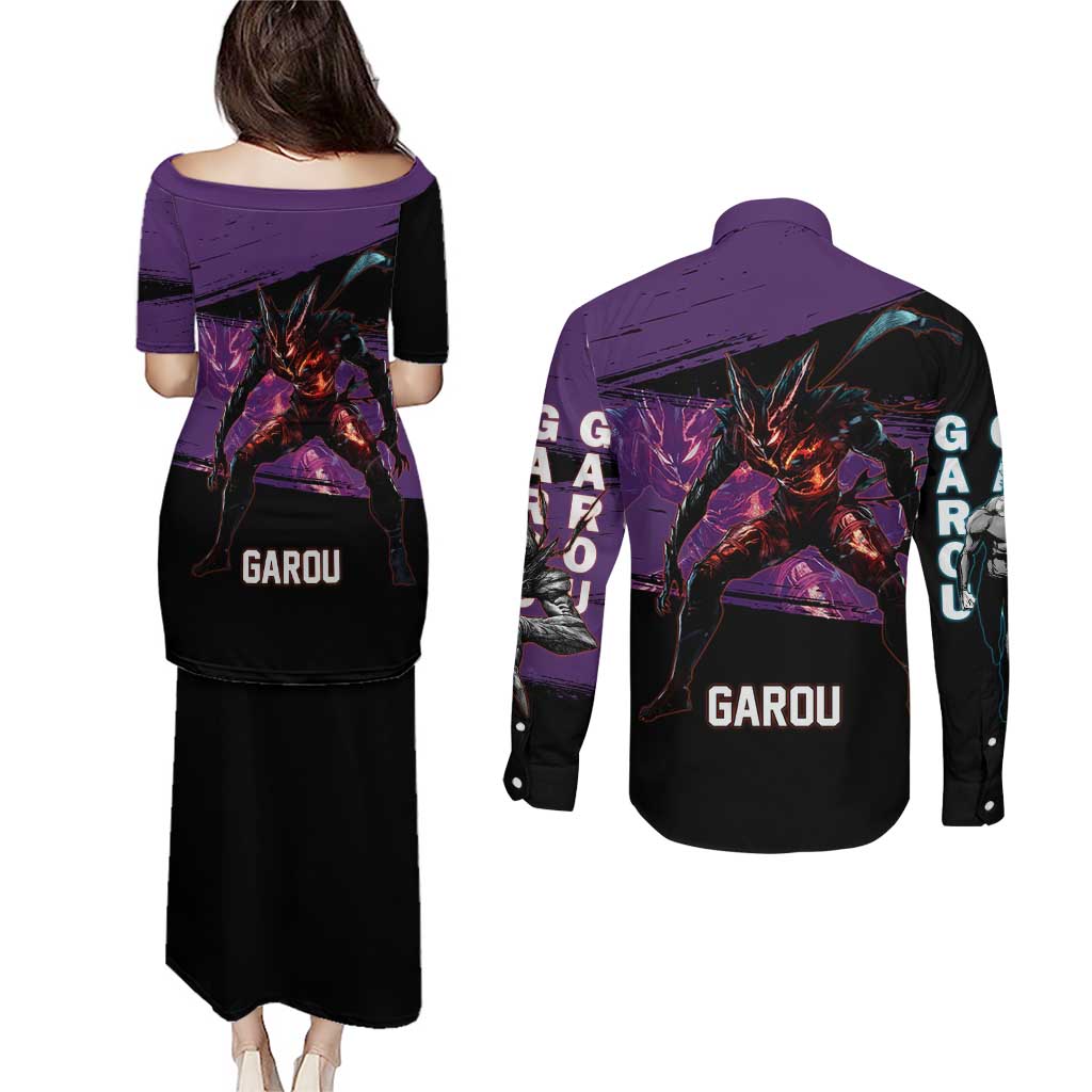 Garou One Punch Man Anime Purple and Black Theme Couples Matching Puletasi and Long Sleeve Button Shirt with Hero and Monster Forms in Dynamic Battle Pose - The Mazicc