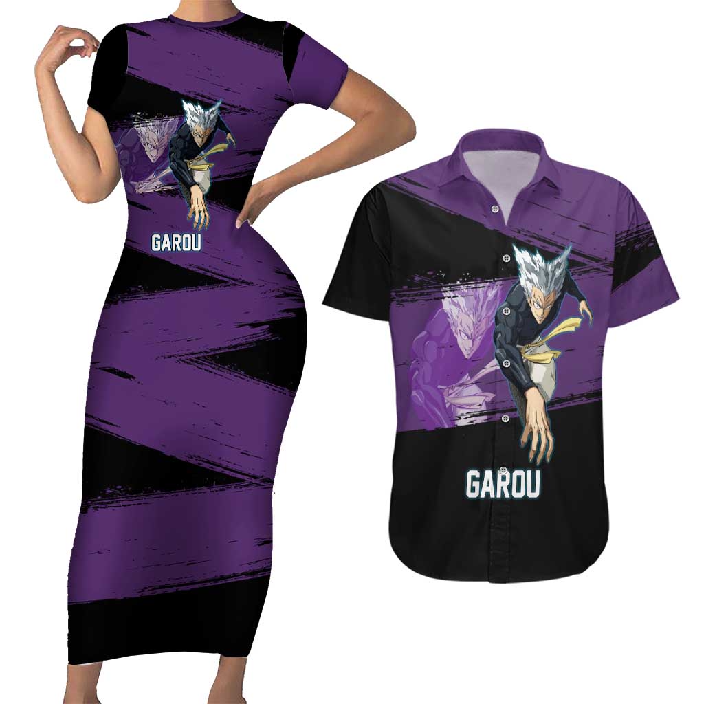 Garou One Punch Man Anime Purple and Black Theme Couples Matching Short Sleeve Bodycon Dress and Hawaiian Shirt with Hero and Monster Forms in Dynamic Battle Pose - The Mazicc